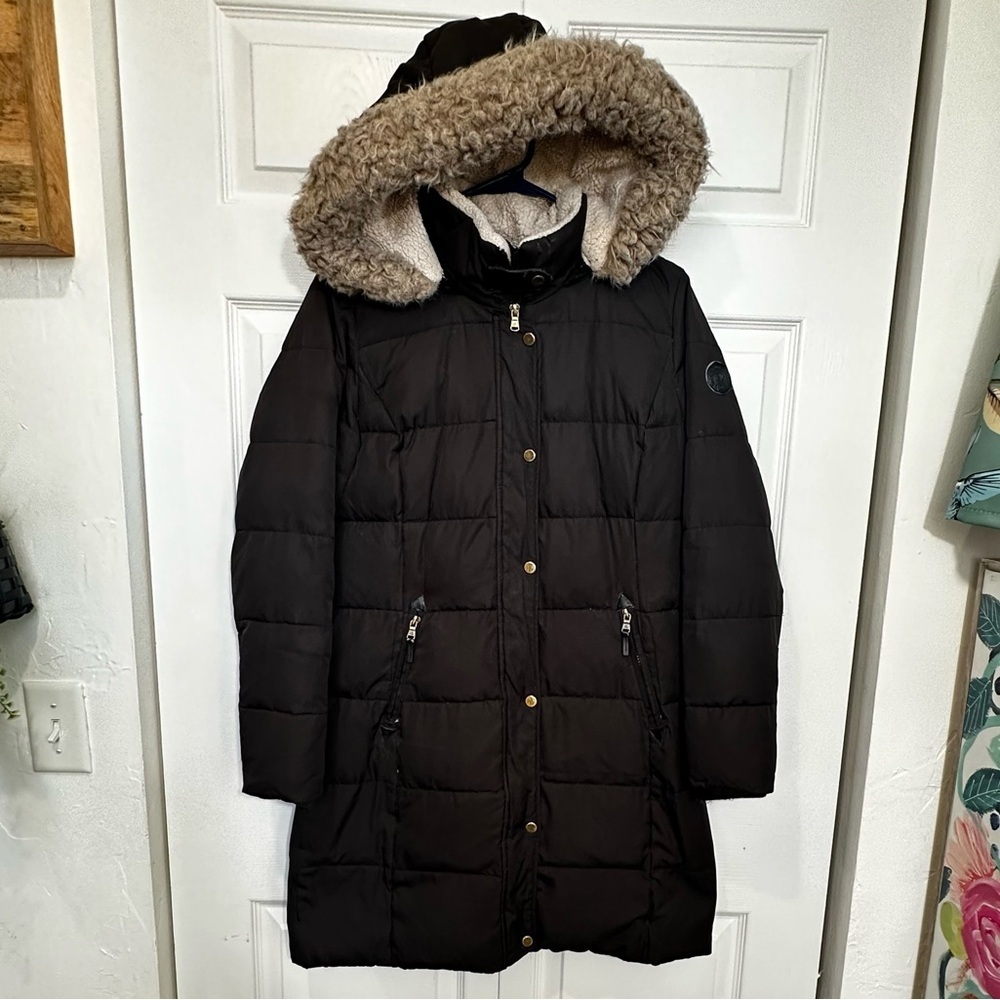 Lauren Ralph Lauren Down Hooded Puffer Coat Faux-Fur Trim Black Women's Small